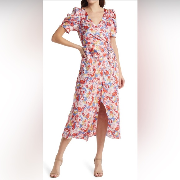 Floret Studios Dresses & Skirts - Floret Studios Floral Satin Faux Wrap Midi Dress | Medium